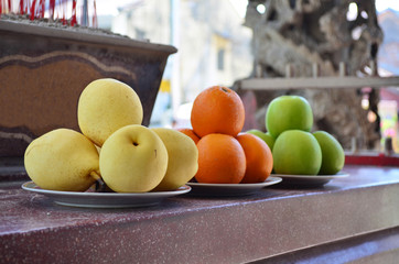 Fruits offering as a sacrifice at Chinese temple