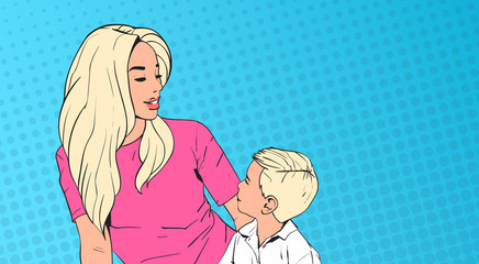 Woman Embrace Child, Mother With Son Over Pop Art Retro Pin Up Background Vector Illustration