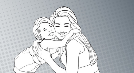 Sketched Woman Embrace Small Girl, Mother With Daughter Over Pop Art Retro Pin Up Background Vector Illustration