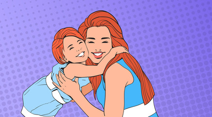 Woman Embrace Small Girl, Mother With Daughter Over Pop Art Retro Pin Up Background Vector Illustration