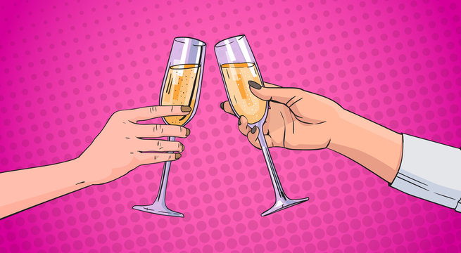 Couple Hands Clinking Glass Of Champagne Wine Toasting Pop Art Retro Pin Up Background Vector Illustration