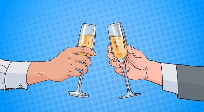 Male Couple Hands Clinking Glass Of Champagne Wine Toasting Pop Art Retro Pin Up Background Vector Illustration