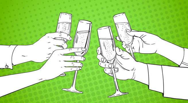 Sketched Hands Group Clinking Glass Of Champagne Wine Toasting Pop Art Retro Pin Up Background Vector Illustration