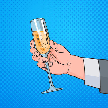 Male Hand Holding Glass Champagne Wine Pop Art Retro Pin Up Background Vector Illustration