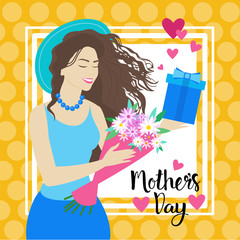Happy Mother Day, Woman Hold Present Box Spring Holiday Greeting Card Banner Flat Vector Illustration