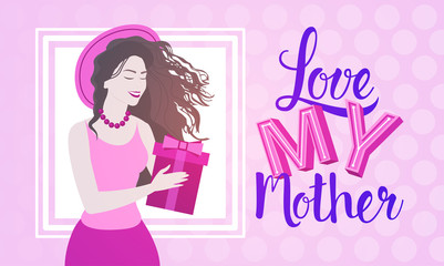 Happy Mother Day, Woman Hold Present Box Spring Holiday Greeting Card Banner Flat Vector Illustration