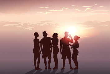 Fototapeta na wymiar Silhouette People Group Stand Man And Woman Full Length Over Sunset Background Vector Illustration
