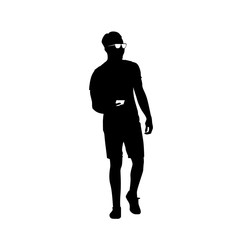 Obraz premium Man Black Silhouette Use Cell Smart Phone Standing Full Length Over White Background Vector Illustration