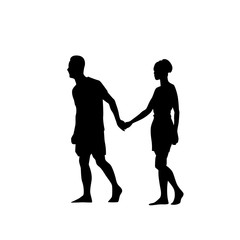 Silhouette Couple Man And Woman Walk Holding Hands Full Length Over White Background Vector Illustration