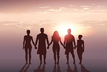 Silhouette People Group Stand Holding Hands Man And Woman Full Length Over Sunset Background Vector Illustration