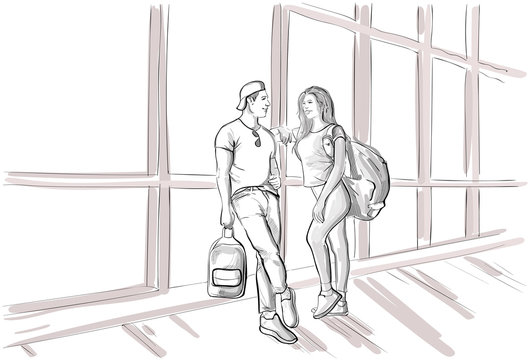 Sketch Couple In Airport Lounge Waiting Departure Flight Man And Woman Holiday Travel Vector Illustration