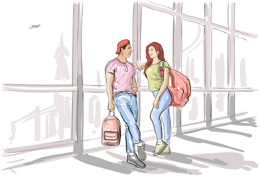 Sketch Couple In Airport Lounge Waiting Departure Flight Man And Woman Holiday Travel Vector Illustration
