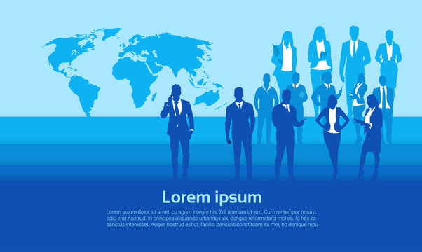 Silhouette Businesspeople Group Over World Map Business Man And Woman Team Vector Illustration