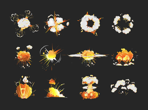 Explosion icons set on black background. Cartoon comic boom effects.