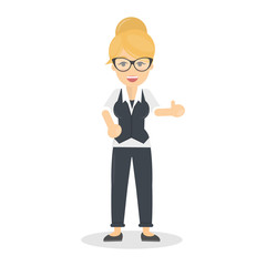 Businesswoman thumbs up gesture on white background. Cute character in buisness suit.