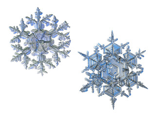Two snowflakes, isolated on white background. This set composed from photos of real snow crystals:...