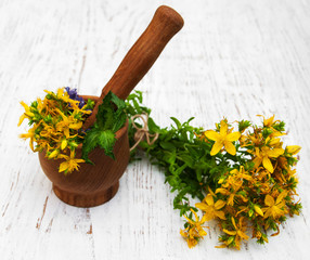 Tutsan flowers  and mortar