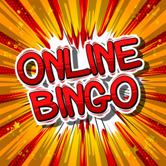 Online Bingo - Comic book style word on abstract background.