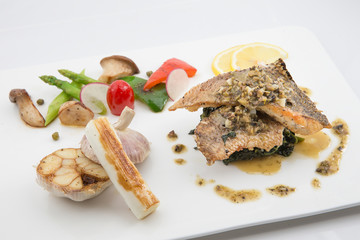 Cod Fish grill steak on white dish