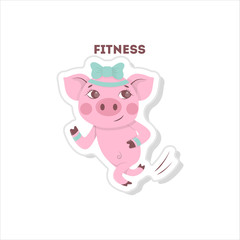 Pig does fitness. Isolated cartoon sticker. Running