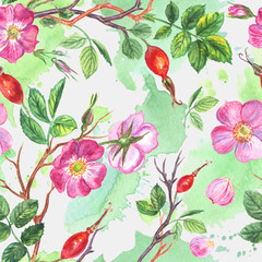 Seamless watercolor pattern of rose hips.