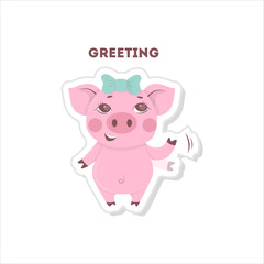 Pig says hi. Isolated cute sticker on white background.