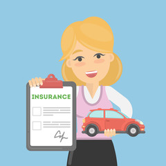 Woman shows car insurance. Happy young lady holds car and document.