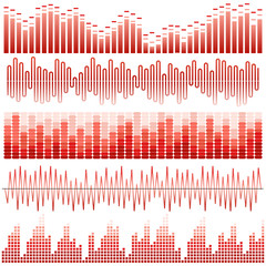 Vector set of red sound waves. Audio equalizer. Sound & audio waves isolated on white background.
