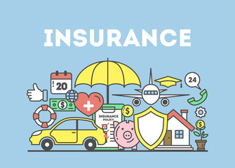 Insurance concept illustration. Signs and icons on blue background.