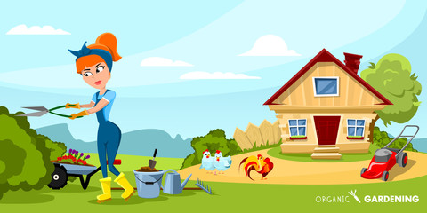 Fototapeta premium Gardening colored cartoon composition girl is working in the garden vector illustration