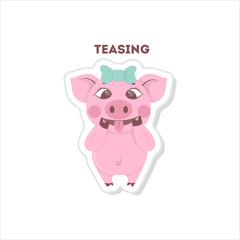 Cute teasing pig. Isolated sticker on white background.