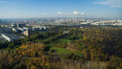 Ufa city at sunset in center. Aerial view