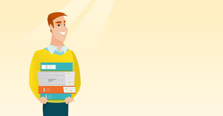 Man holding pile of books vector illustration.