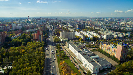 Fototapeta na wymiar Ufa city at sunset in center. Aerial view