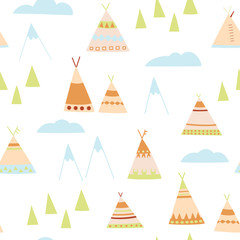 Cartoon wigwams seamless pattern. Native American wigwams, trees, mountains, clouds. Perfect for children's design