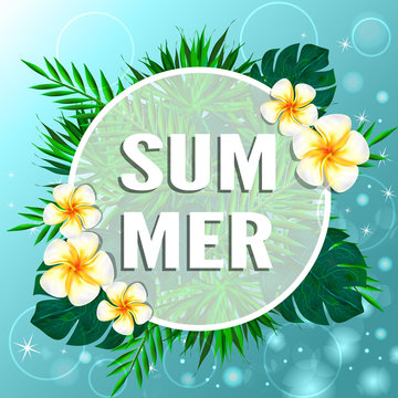 Summer  Background With Tropical Plants And Flowers. Vector illustration