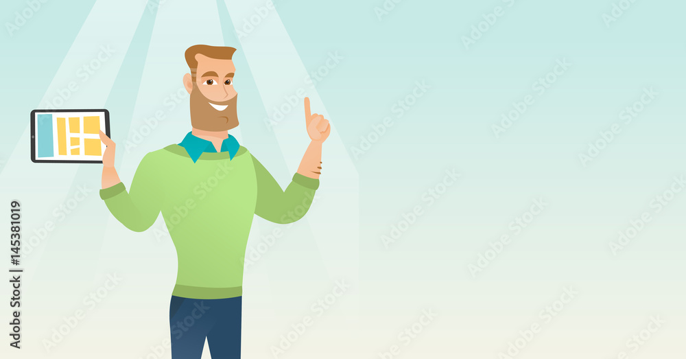 Poster student using tablet computer vector illustration.