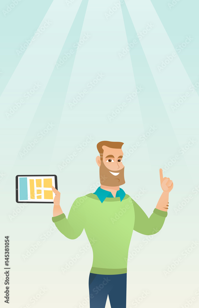 Poster student using tablet computer vector illustration.