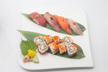 Nigiri+california roll set on white dish