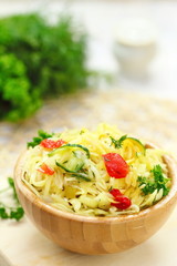 Salad with pickled cabbage, cucumbers, paprika and olive oil
