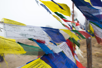 Prayer flags on Annapurna Base camp with frog at Himalaya Nepal