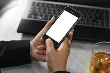 Close-up woman's hand holding a smartphone, Online shopping concept girl.