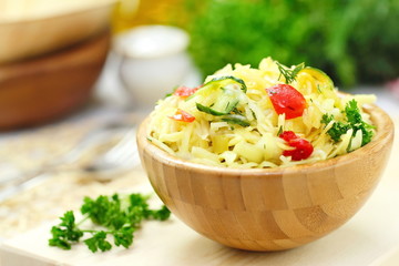 Salad with pickled cabbage, cucumbers, paprika and olive oil
