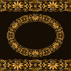 Empty round frame and borders. Greek traditional stylization. In gold color isolated on dark background.