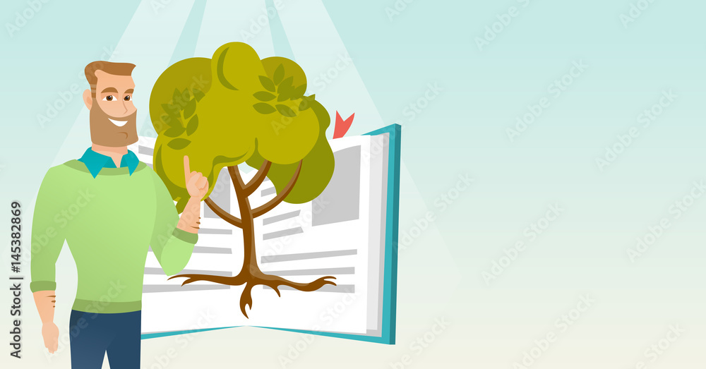 Poster student pointing at tree of knowledge.