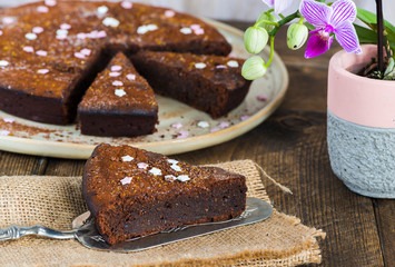 Fototapeta na wymiar Chocolate brownie cake with prunes