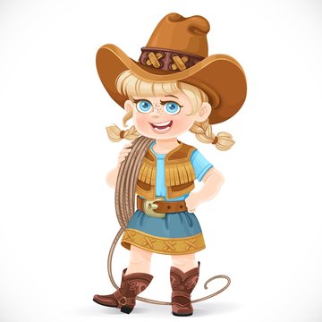 Cute girl in a cowboy suit is holding a lasso on her shoulder isolated on a white background