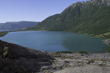 blue lake near glacier Svartisen