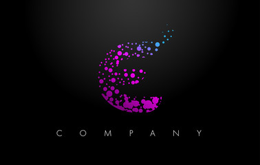 E Letter Logo with Purple Particles and Bubble Dots