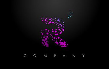 R Letter Logo with Purple Particles and Bubble Dots